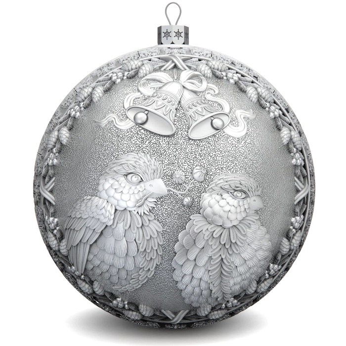 Set of 3 silver Christmas balls "Bells, Happy childhood and Bullfinches"